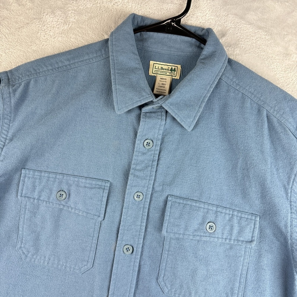 LL Bean Shirt Mens Large Blue Button Down Flannel Heavyweight Outdoors Pockets